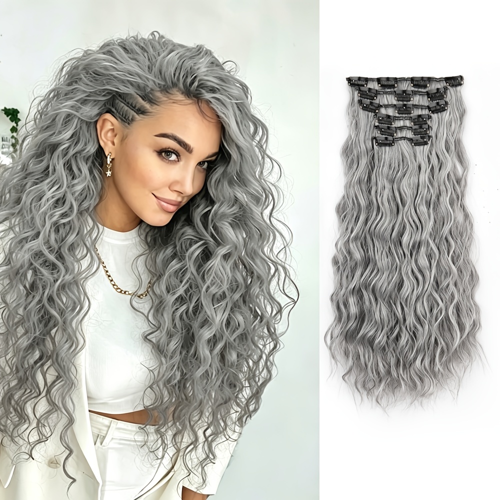 TEMU 6 stuks Zilvergrijs Watergolf Clip-in Haar Extensions, Synthetische Asgrijs Krullend Haar Stukken, Volumegevende Haarverlengingen voor Vrouwen