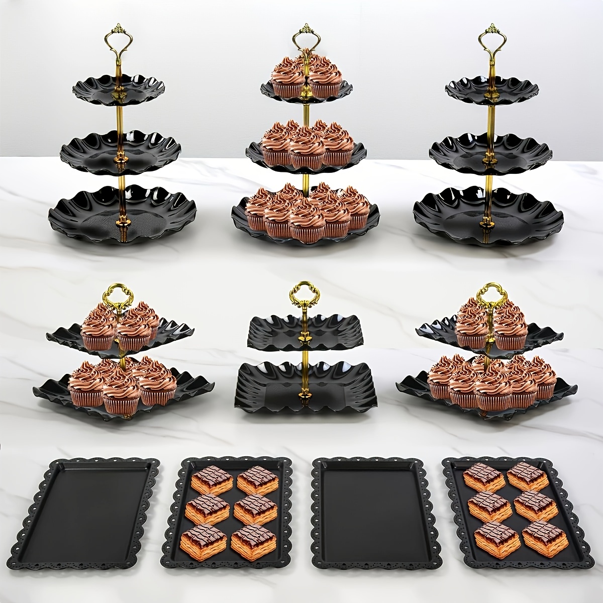 TEMU 10pcs Cake Stand Set, 3 X Double Tier And 3 X Triple Tier Cupcake Stands, 4 X Appetizer Trays, Perfect For Birthday Baby Bridal Shower (black)