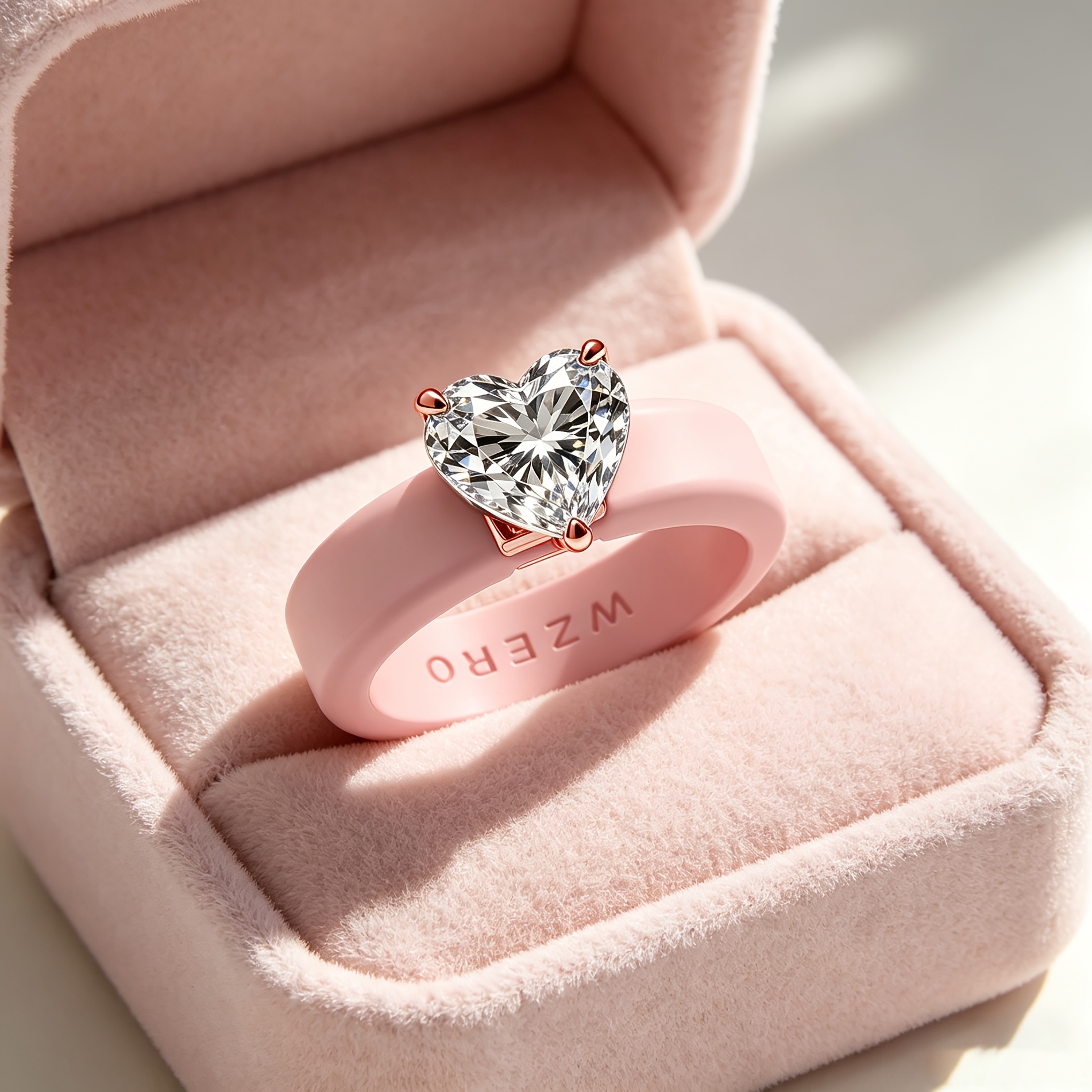 Pink Silicone Ring with Heart-Shaped 3A Zirconia, Daily Wear