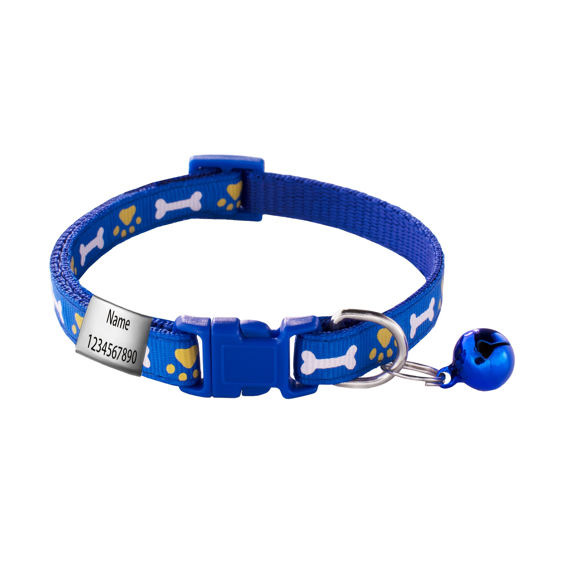 TEMU 1pc Customizable Paw Print And Bone Print Pet Collar | Polyester, Engrave Name And Phone Number, Prevents Loss, Adjustable Size, Suitable For