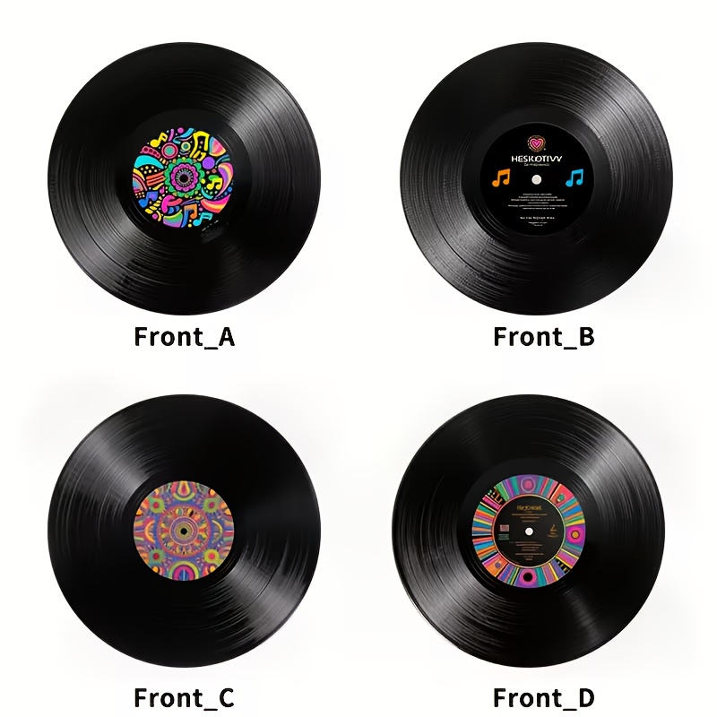 TEMU 4pcs Set, Wooden Round Fruit Plate Placemat Set - Colorful Vinyl Record Pattern Style, Suitable For Restaurants, Country Retro Style, Seasonal