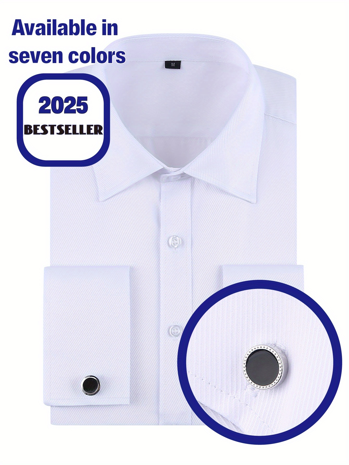 OFFICE Men's French Cuff Dress Shirt – Long Sleeve, Slim Fit, Solid Blue, Cotton Blend, Free Cufflinks