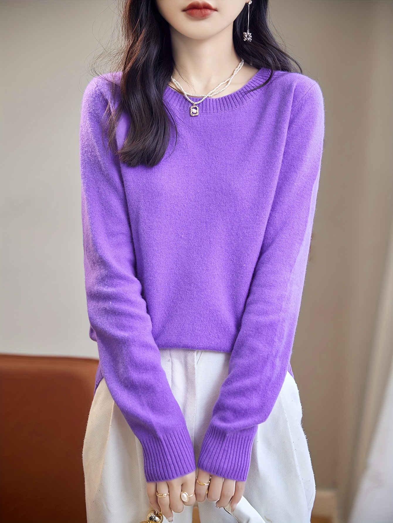 solid crew neck wool pullover sweater elegant long sleeve cozy sweater womens clothing purple 2