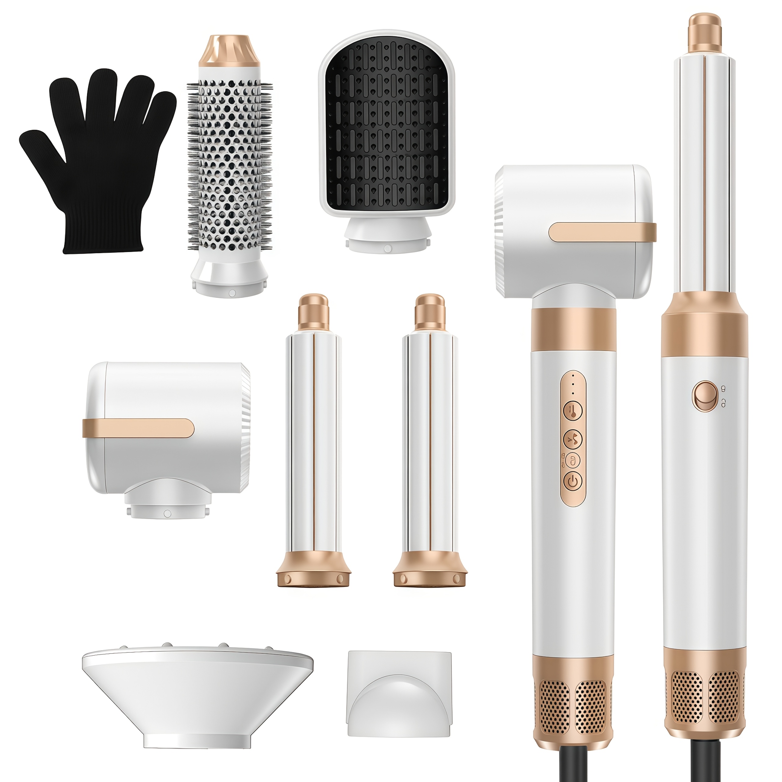 E-shop 1400W 7-in-1 Heißluftstyler Set, 110.000 U/min Ionen Haartrockner Bürste mit Diffusor & 30mm Lockenstab, 3 Heizstufen zum Trocknen, Locken,