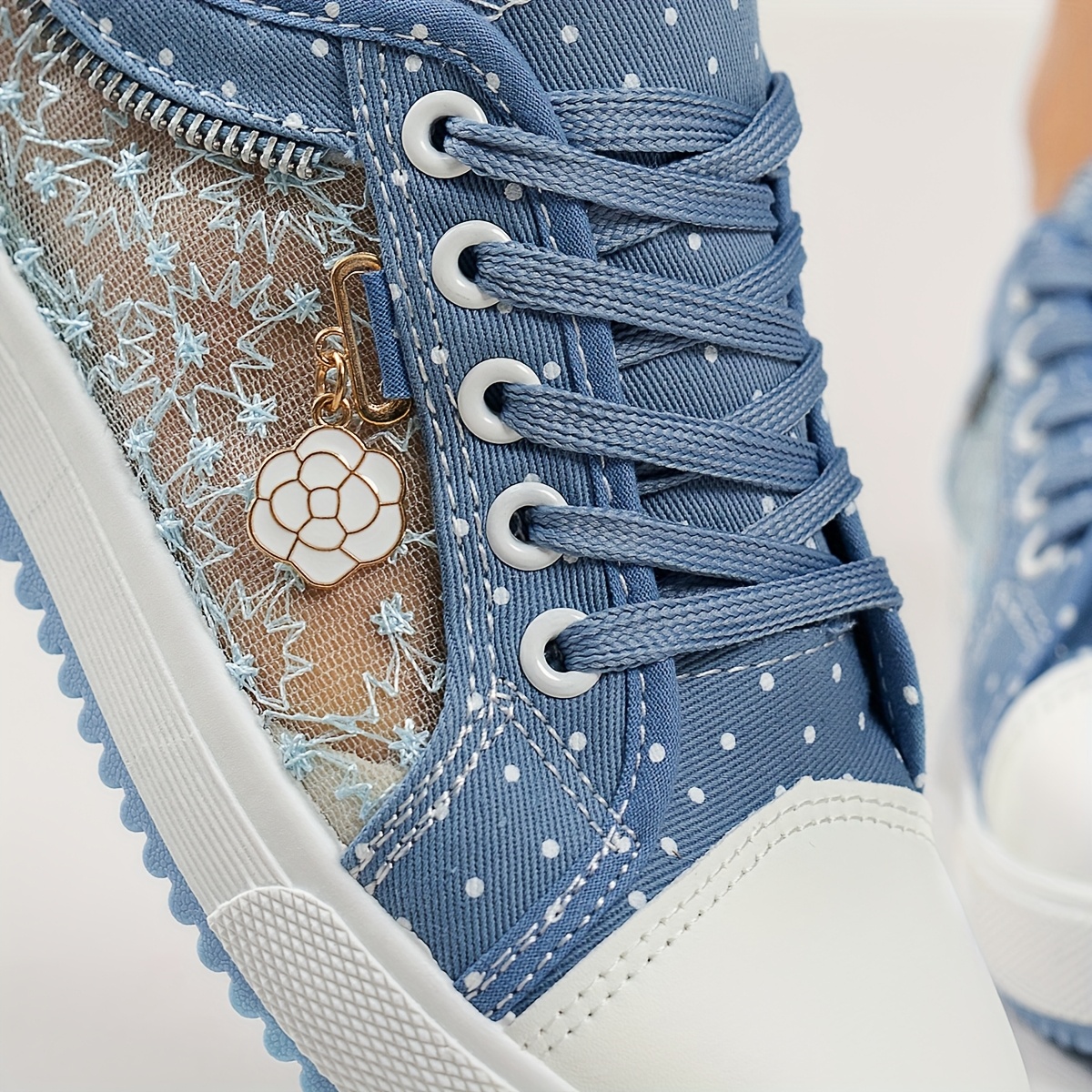 womens blue floral sneakers low top lace up casual shoes with rubber sole   cover inner lining and decorative zipper detail ladies shoes details 2