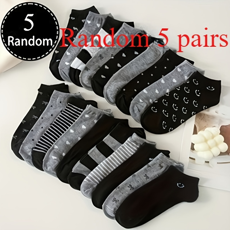 Image of 5 Pairs/10pcs Random Mixed Women's Short Socks - Striped And Polka Dot Heart Geometric Patterns, Breathable Low-cut Casual Sports Socks, Black Gray Versatile, Cute Soft Texture