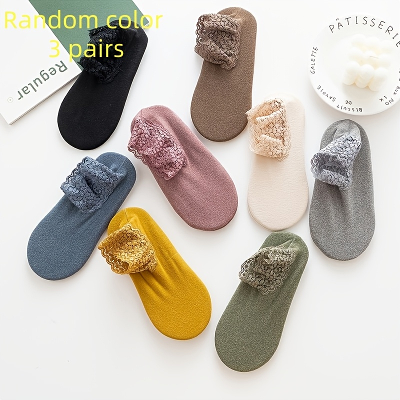 6pcs (3pairs) Black Lace Decorative Socks, Non-slip Comfortable Slippers Women Socks Anniversary Gift, Spring Summer Yoga Socks, Random Color