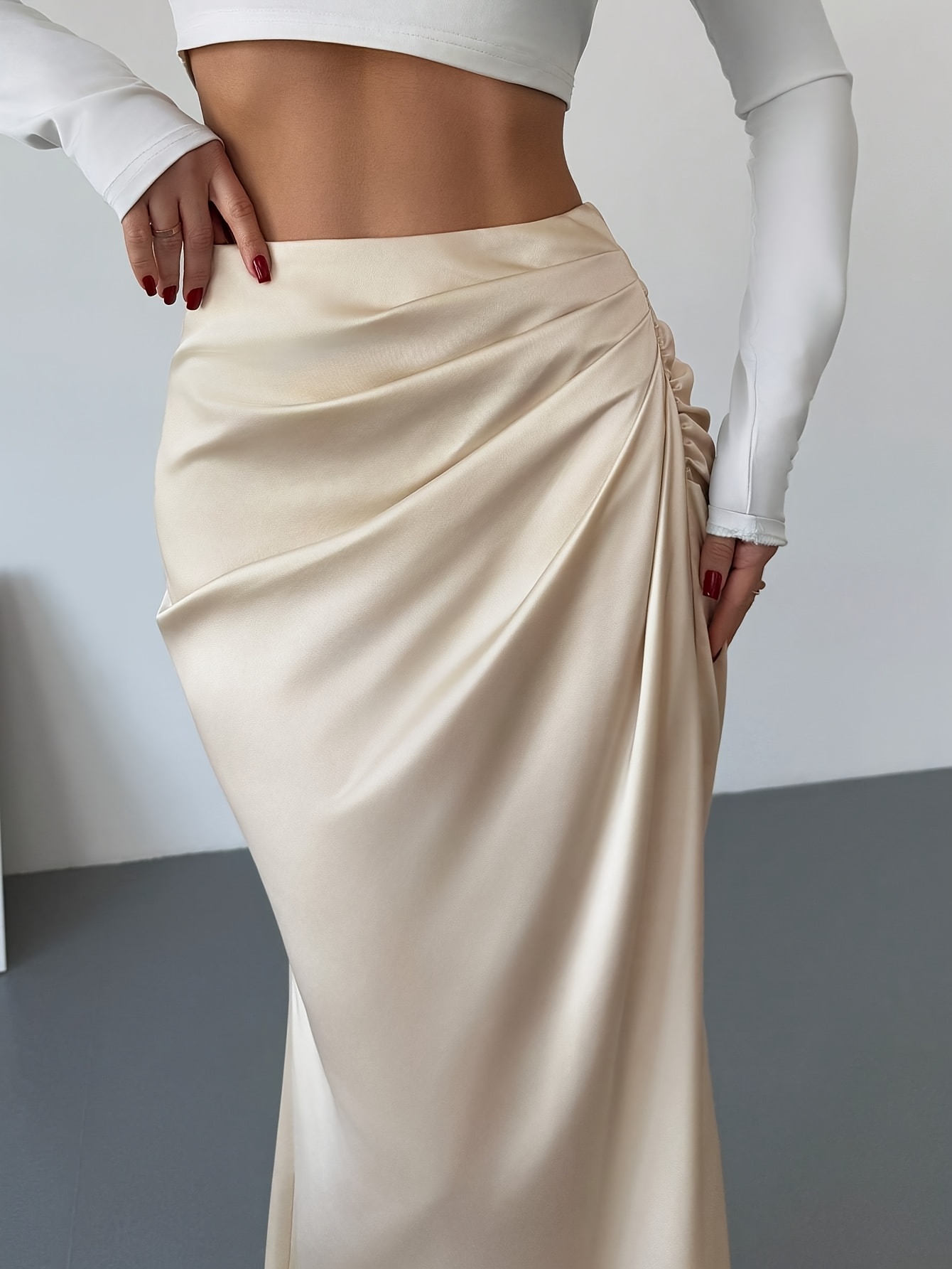 スカート Siyazu SIST9045 Retro Flow Skirt_ Light beige LCW Vision Belted Waist Regular Fit Women's Skirt -S4IG09Z8
