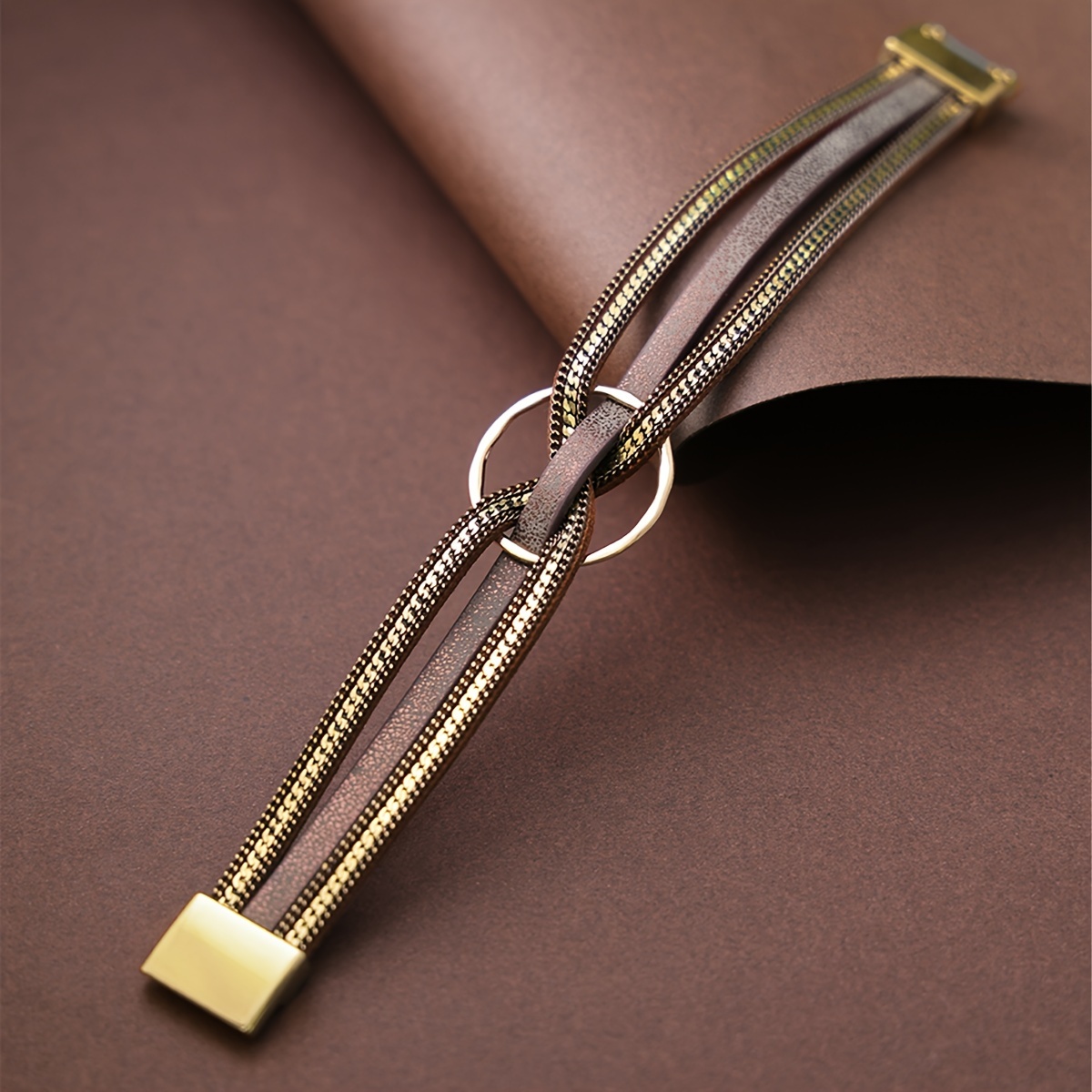 Minimalist PU Leather Bracelet with Circles, Magnetic Closure