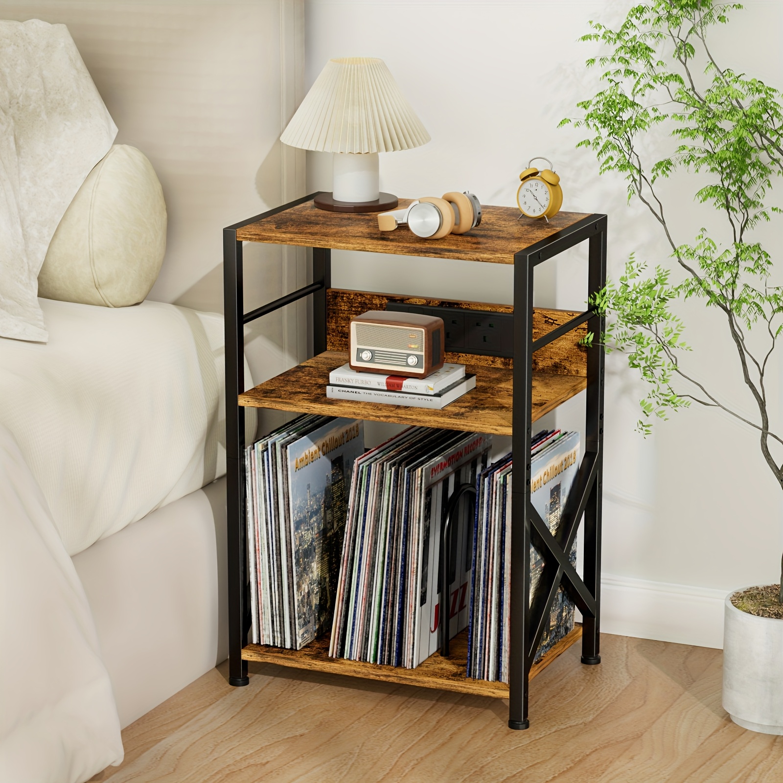 Wooden Record Player Stand with Socket, 3 Layers for 200 Albums