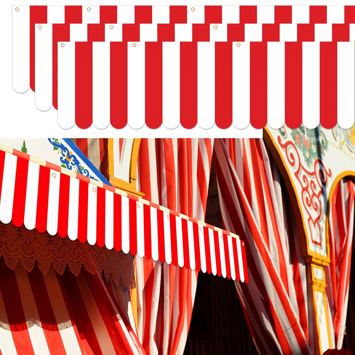 

1/3pcs, Carnival Tent Banner, 25*200cm, Red White Striped Design Polyester Hanging Banner, Circus Themed Celebration Activities Hanging Flag, Concession Booth, Ornament