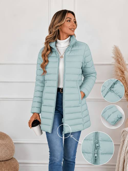 item picture womens long sleeve autumn lightweight double zip jacket womens long coat stand collar warm coat 2026 new style jacket fall winter western style coat