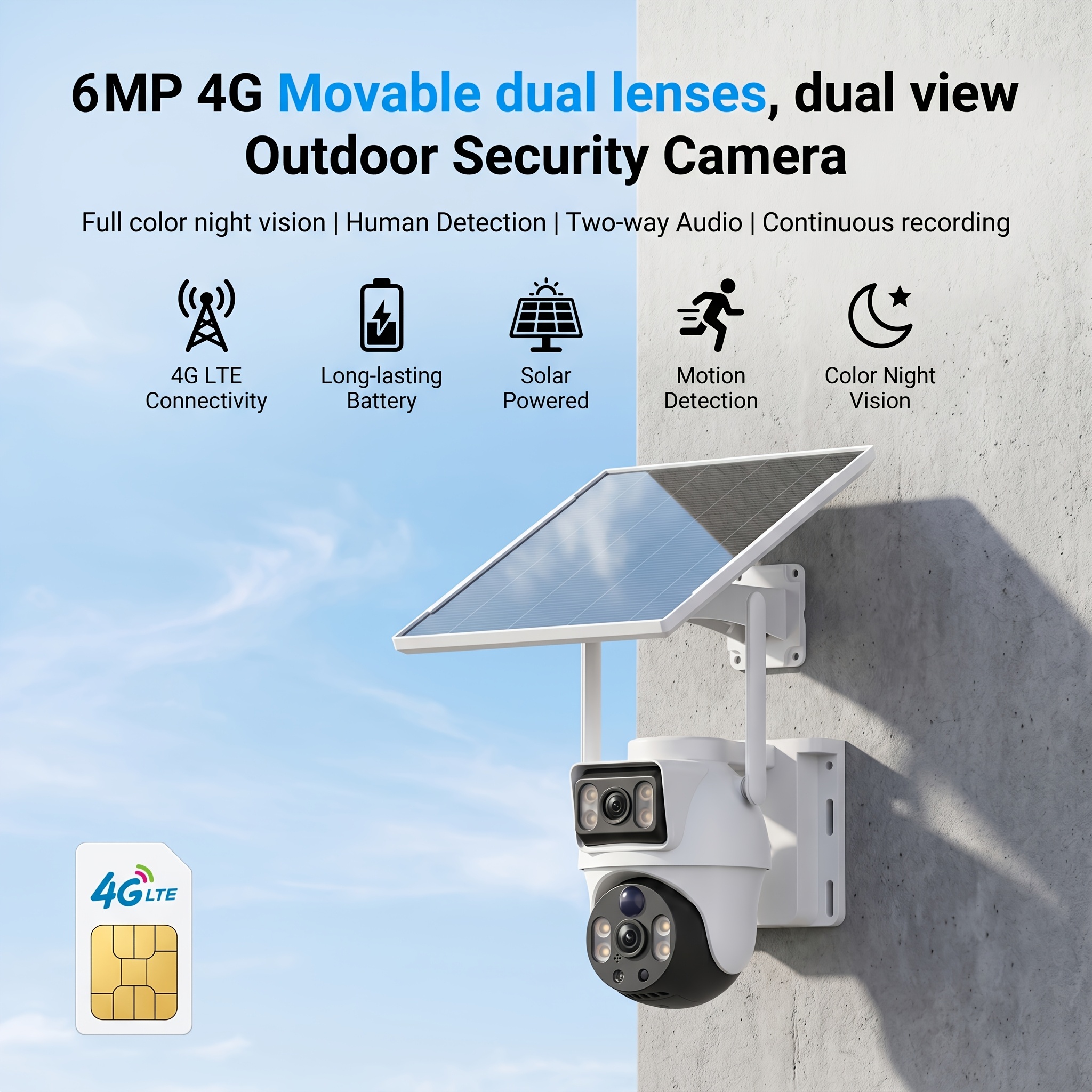 TEMU Xiaovv 6mp 4g Lte Solar Security Camera Outdoor, Dual Lens Ptz Spherical Camera, Built-in Sim Card & Rechargeable Battery, Waterproof For Home