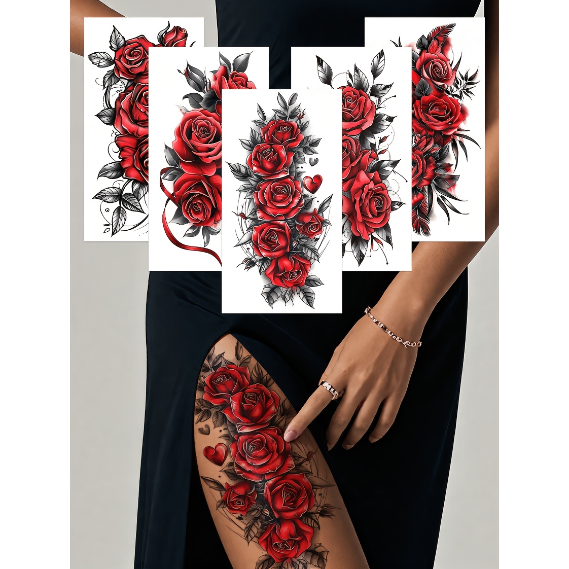 Image of 5pcs Temporary Red Rose Tattoo Stickers, Suitable For And Legs, Waterproof And Sweatproof, , Sexy Dancer Chest And Thigh Design, Ideal For Women Temporary Tattoos