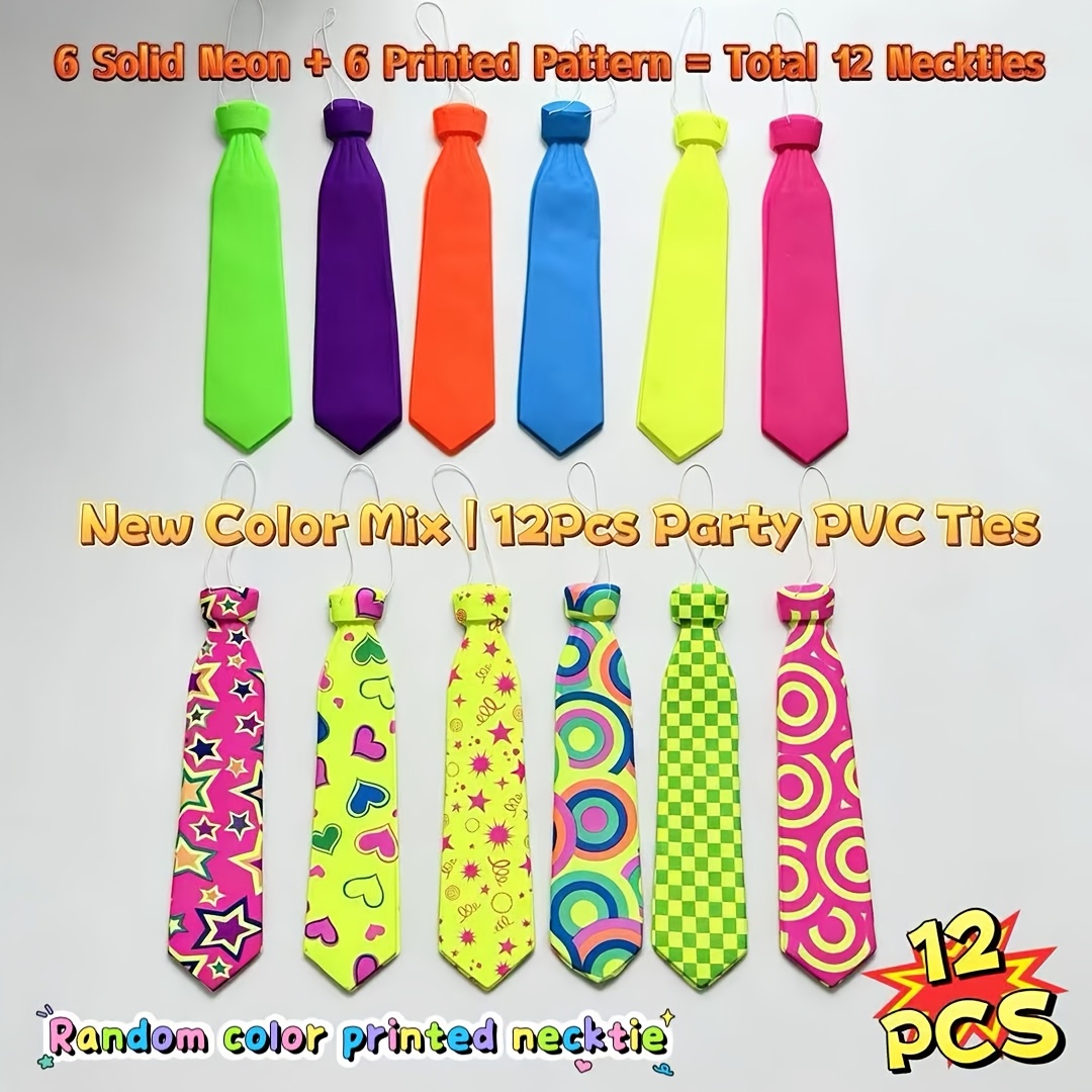 TEMU Random 12-pack Mixed Fluorescent String Neckties, Printed And Solid Neon Costume Ties, Holiday Party Photo Booth Props, Perfect For Halloween &