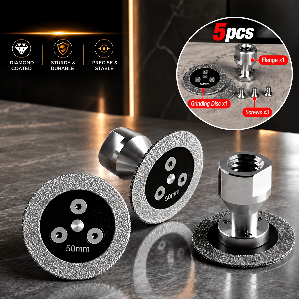 TEMU Juego de ruedas de esmeril de diamante de 2 pulgadas (50 mm), 5 piezas (1 + 1 disco de corte + 3 tornillos, varilla de conexión roscada