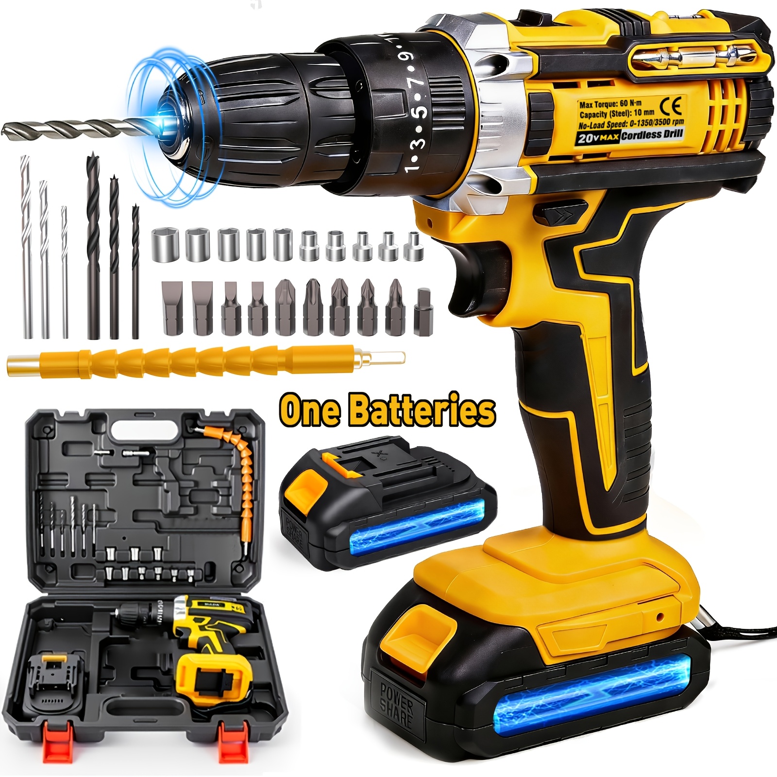 TEMU Kit de perceuse visseuse fil 20V, batterie & 2 vitesses, avec lampe de travail LED et niveau, pour , entretien de , travail , pour hommes