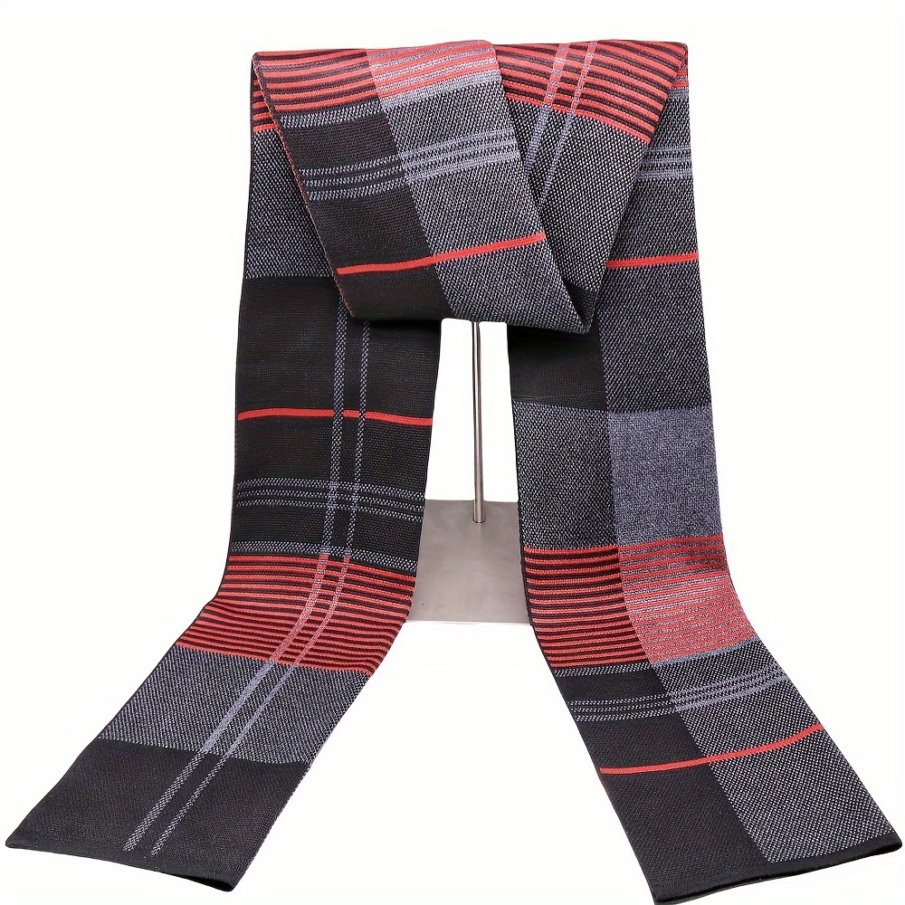 

Stylish Men's Wool Knit Scarf With Red Stripes - Cozy & For Fall/winter, Black & Gray, " X 11.8, Best For Christmas