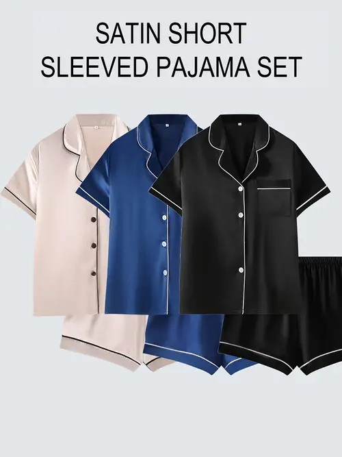 three sets of elegant womens sleepwear set consisting of 6pcs short sleeved button up top matching shorts collar and pocket details suitable for womens adult sleepwear set