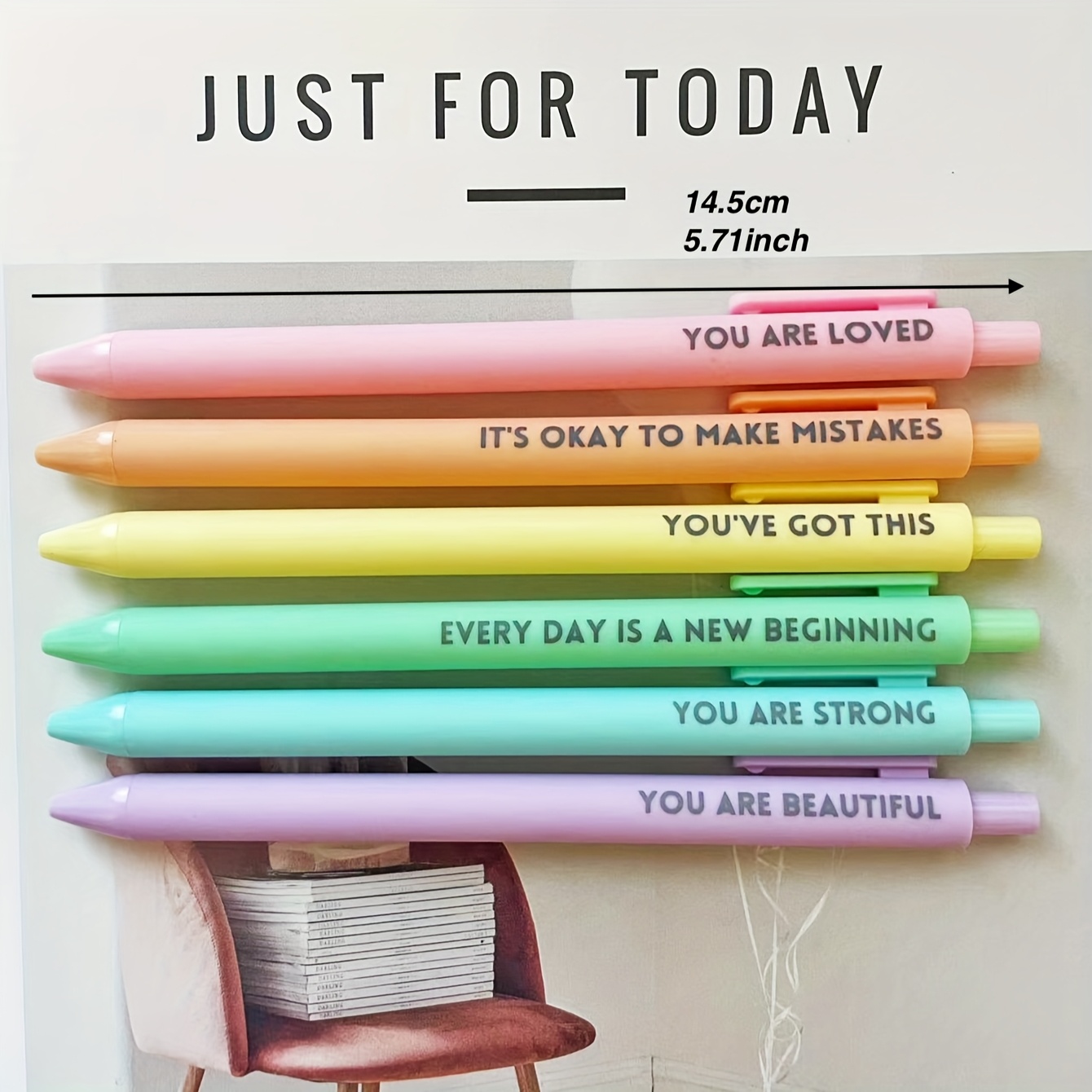 6-Pack Motivational Rollerball Pens - Inspirational Quotes, Retractable Medium Point, Black Ink, Plastic Rubberized Grip, Ambidextrous, with Pocket Clip - Positive Message Writing Pens for Journaling