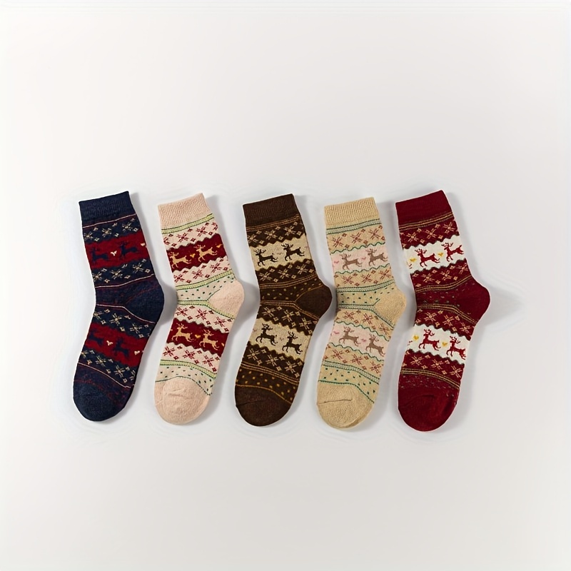 TEMU Women's Cozy Thickened Knee-length Socks 5-pack - Reindeer & Patterns, Soft Polyester Blend, 80% Polyester 20% Polyamide, Hand Wash/, Knitted Christmas Socks Set