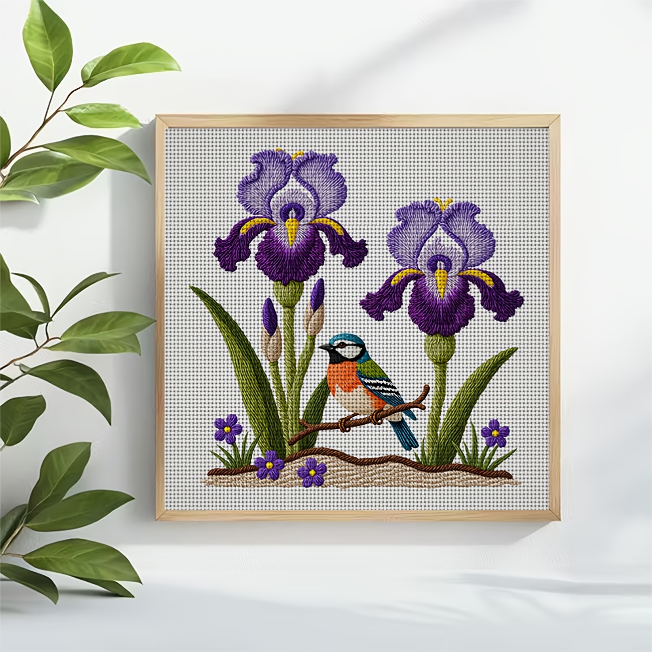 Cross Stitch Printed Kit, Frameless Purple Iris Blue Red Bird Design