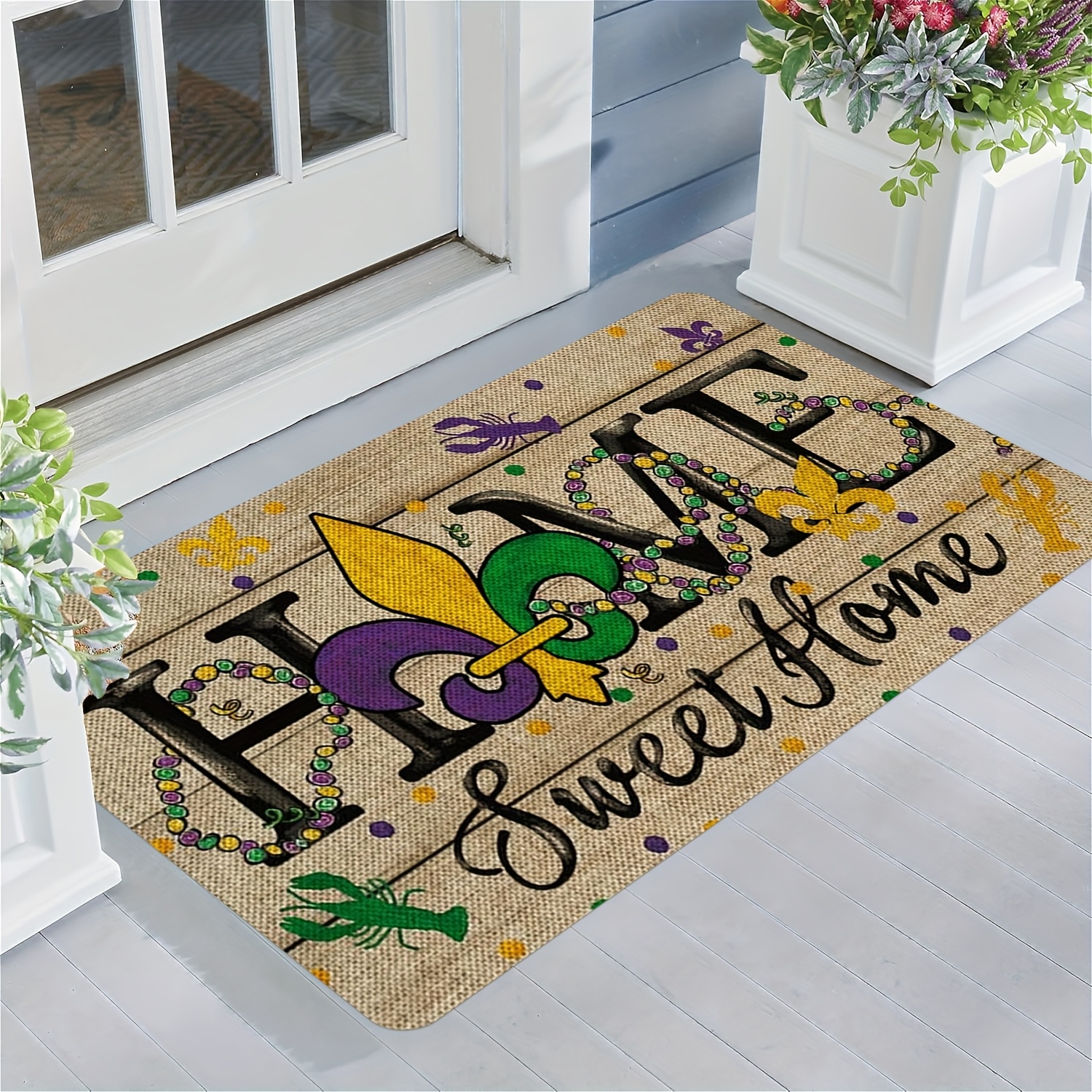 

Mardi Gras "" Welcome Doormat – Non-slip, Washable Flannel Mat With Fleur & – Bathroom, Living Room, Bedroom, Kitchen, Office, | Mardi Gras Theme | Antislip Doormat