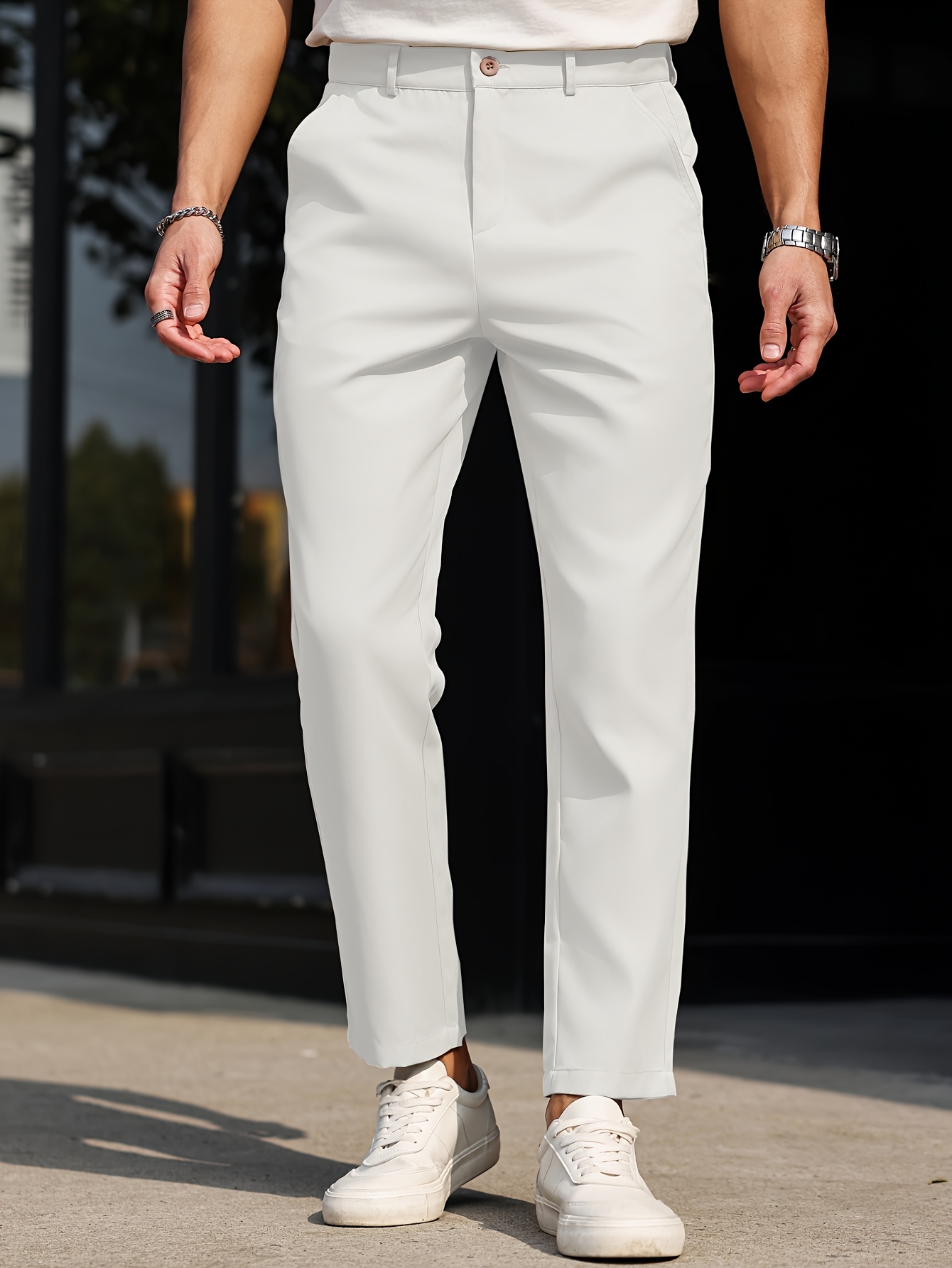 Men's Slim-Fit Casual Dress Pants - Solid Beige, Machine Washable, Straight Leg Design with Side Pockets, Perfect for Business or Leisure Outings, Allseason Trousers | Straight Leg Pants | Internal Zipper Closure