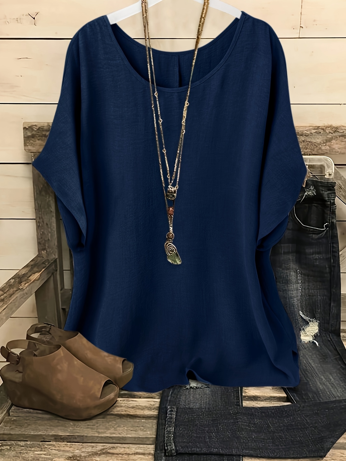 Plus Size, Plus Size Women's Casual Summer Batwing Sleeve Blouse - Olive Green Solid Color Round Neck Short Sleeve Shirt, Machine Washable & Dry Cleanable, Elegance Collection