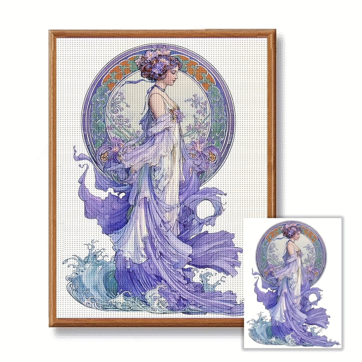 TEMU JOZYSH Kit de démarrage de point de croix estampé cadre 1 pièce 30x40cm/11,8x15,7 pouces 11CT/14CT, Belle femme, Kit de broderie point de croix