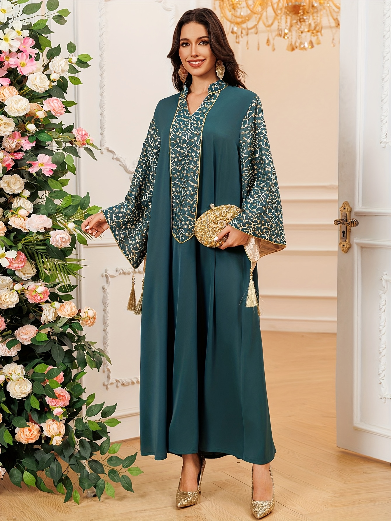 elegant emerald green golden sequin embroidered muslim abaya - Temu United  Arab Emirates