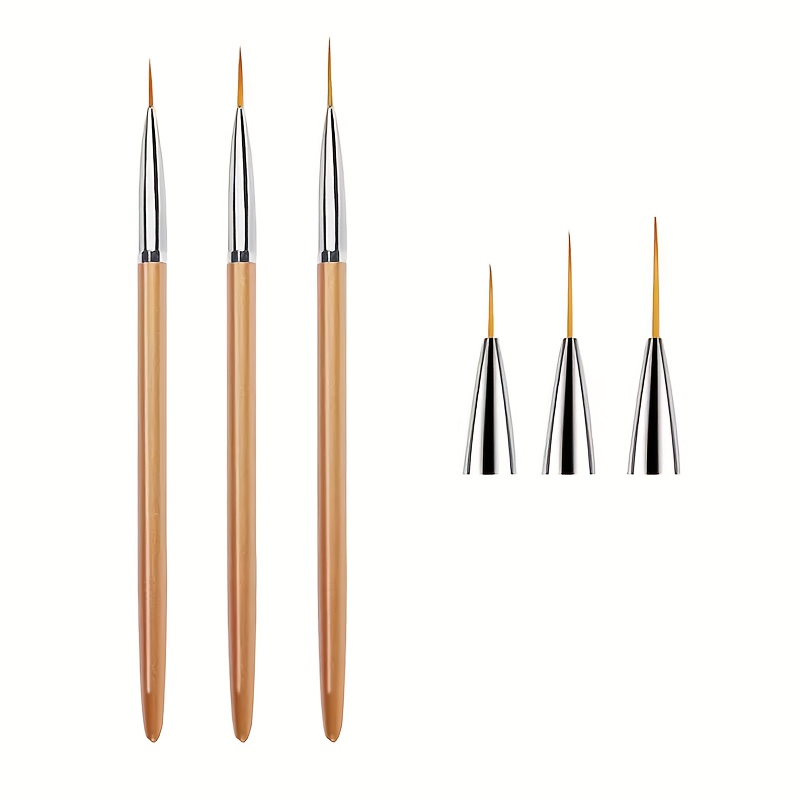 TEMU 3pcs Nail Art Liner Brushes With Golden Metal Handle, Gel Painting Acrylic Nail Design Nylon Brush For Nail Art (size 7/9/11mm)