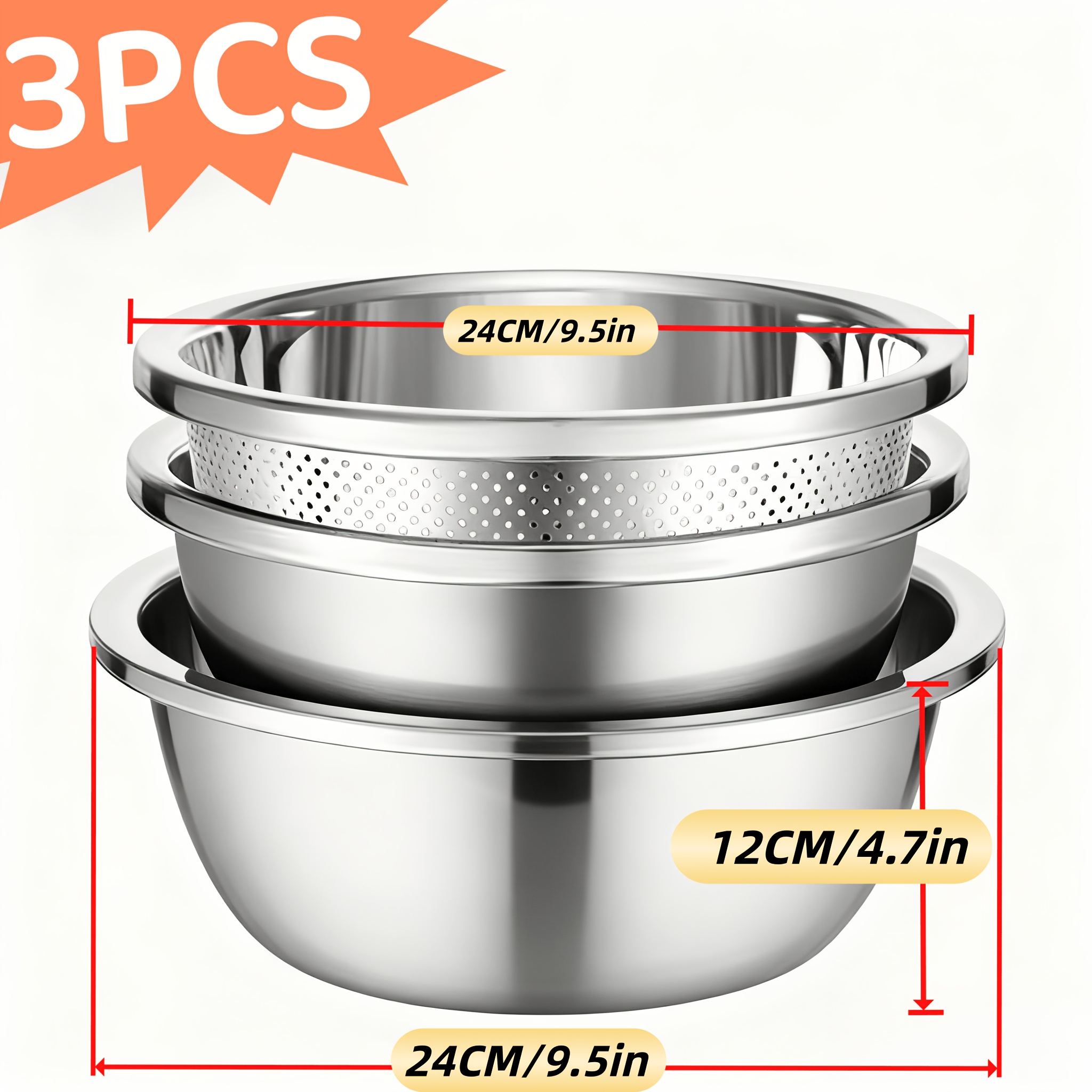 TEMU 3pcs Stainless Steel Colander Set, Kitchen Strainer Basket With Bowl, Pasta And Vegetable Washer Drainer For Cooking, Salad Prep