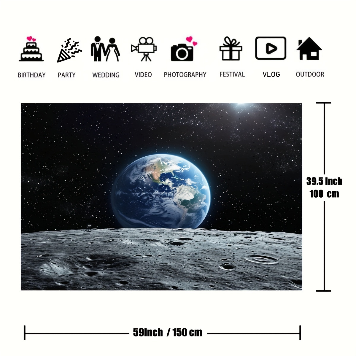 TEMU 1pc Outer Space Photography Backdrop - Earth & Moon Surface Design With , Polyester Material, Birthday Parties, Photo Shoots & Events,