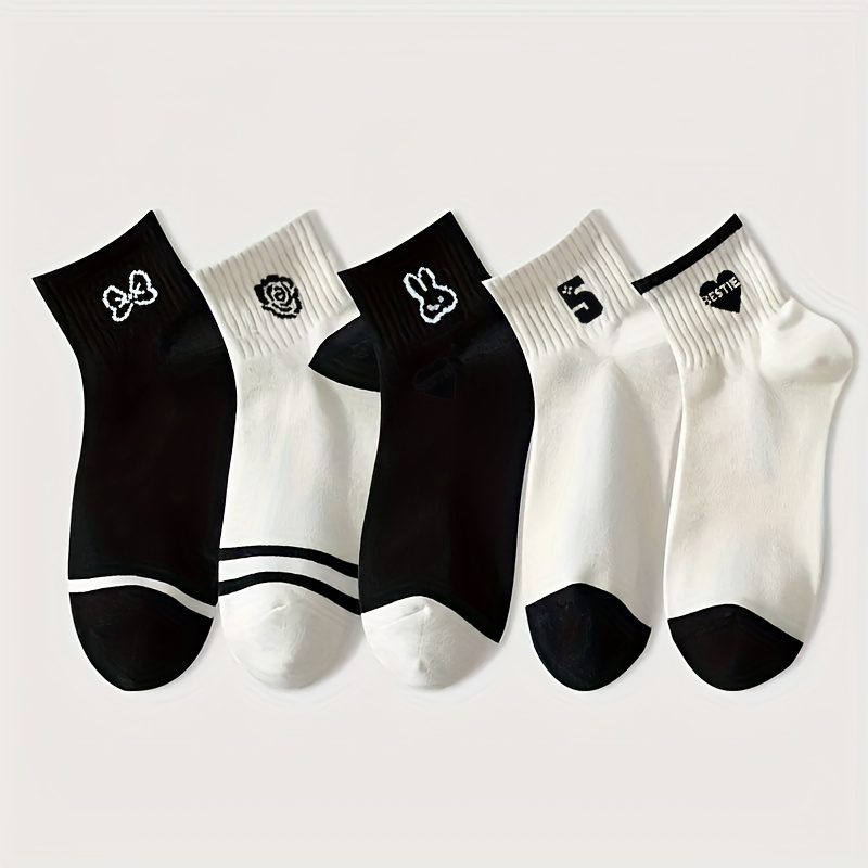 TEMU 5pcs Women's Cute Ankle Socks - Breathable, Sweat Absorbent With & Heart Designs, Black & White