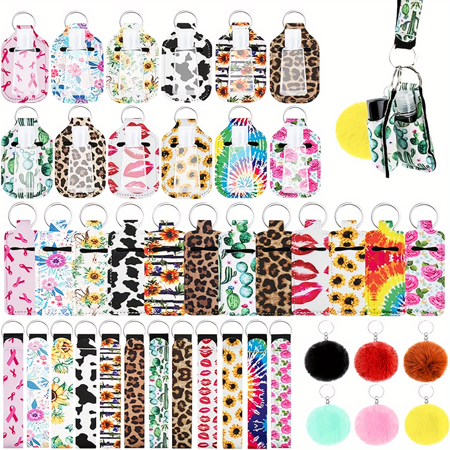 

Set: 50pcs Keychain & Kit , - Includes 3 - Plastic Bottles (30ml), 3 Neoprene , 5 Pom , And 20 For - For Hydration &