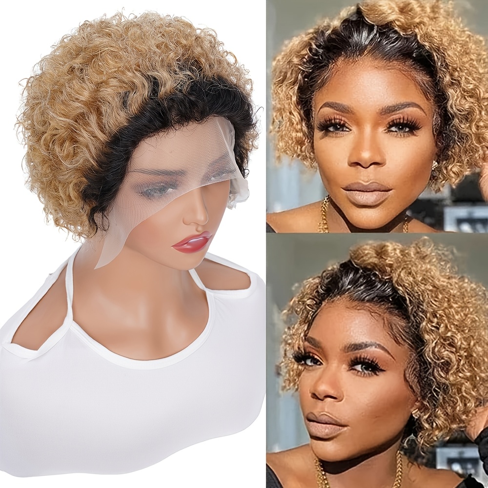 TEMU Perruque courte en cheveux humains avec un style Afro crépus et bouclé, dotée d'une face en dentelle HD pré-épilée dans une combinaison de noir