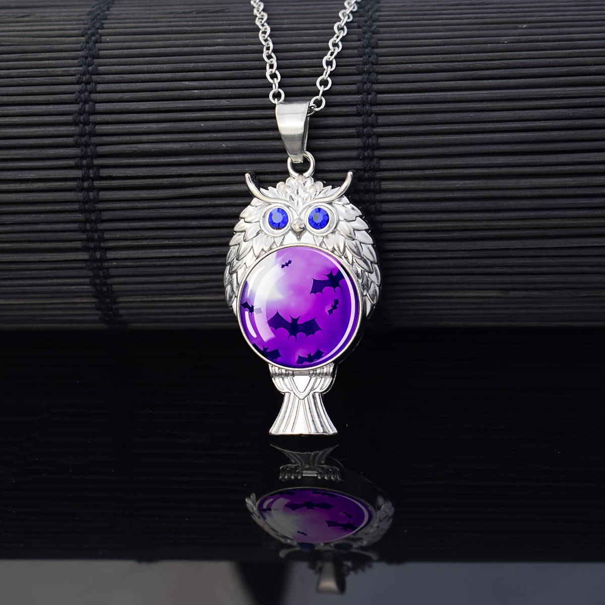 Owl Pendant Necklace with Bat Pattern Magic Theme