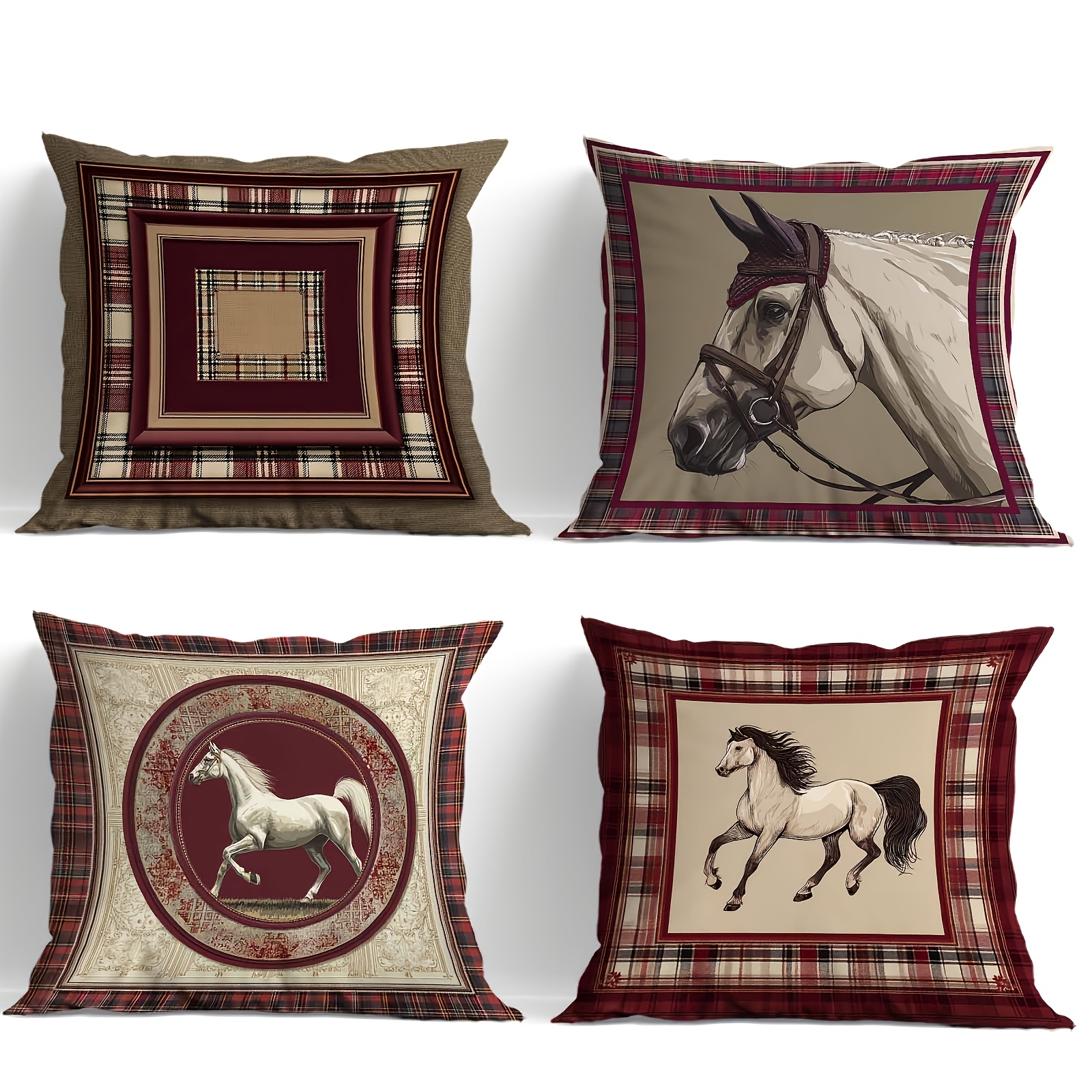TEMU 4 pièces, Housses de coussin à motif de cheval à carreaux rouges, avec un style vintage élégant et sophistiqué. Convient à diverses scènes