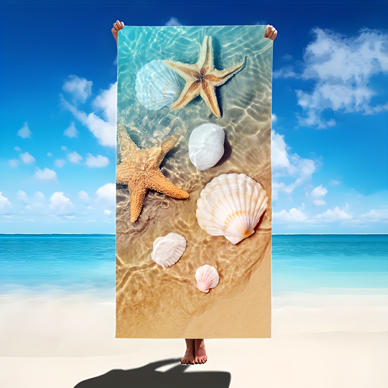 TEMU 1pc Quick- Beach Towel With Starfish & - Sand-resistant, Super Absorbent Microfiber, Ideal For Pool, Camping, Yoga, Diving - Tropical Style,