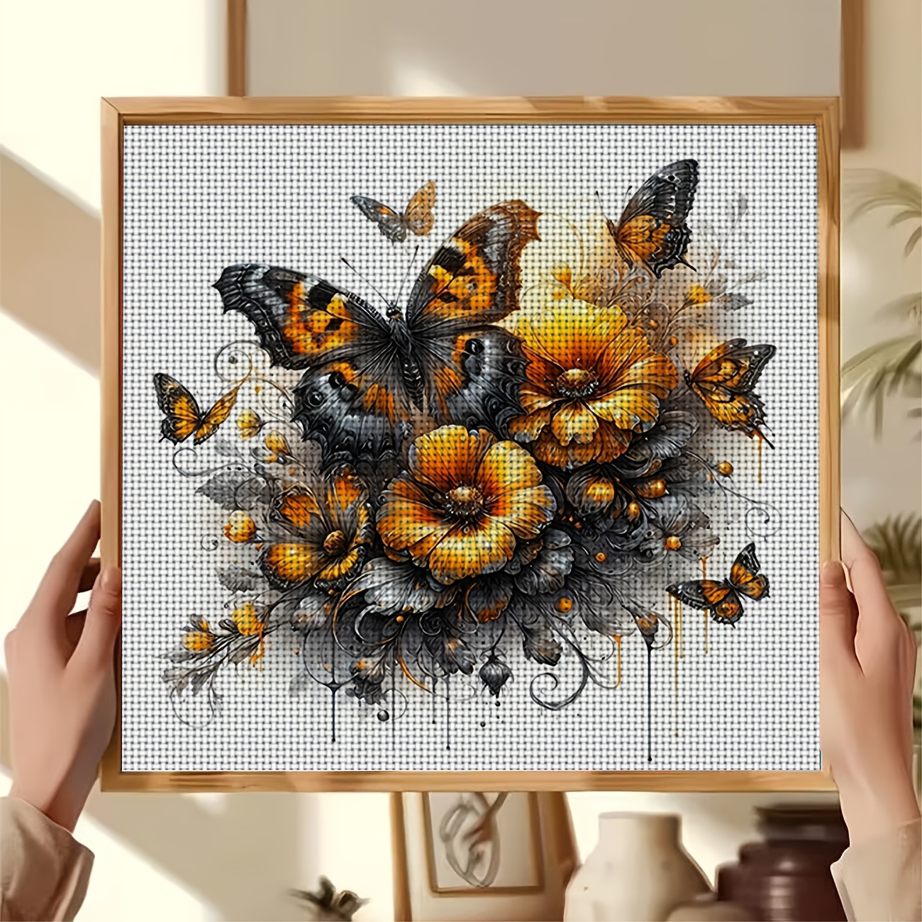 Cross Stitch Printed Kit, Frameless, Black And Yellow Butterflies Design