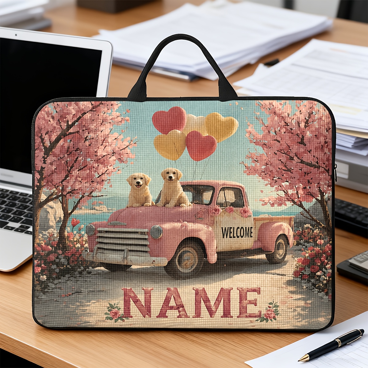 Customized Pink Truck Puppies Themed Laptop Bag with Handle