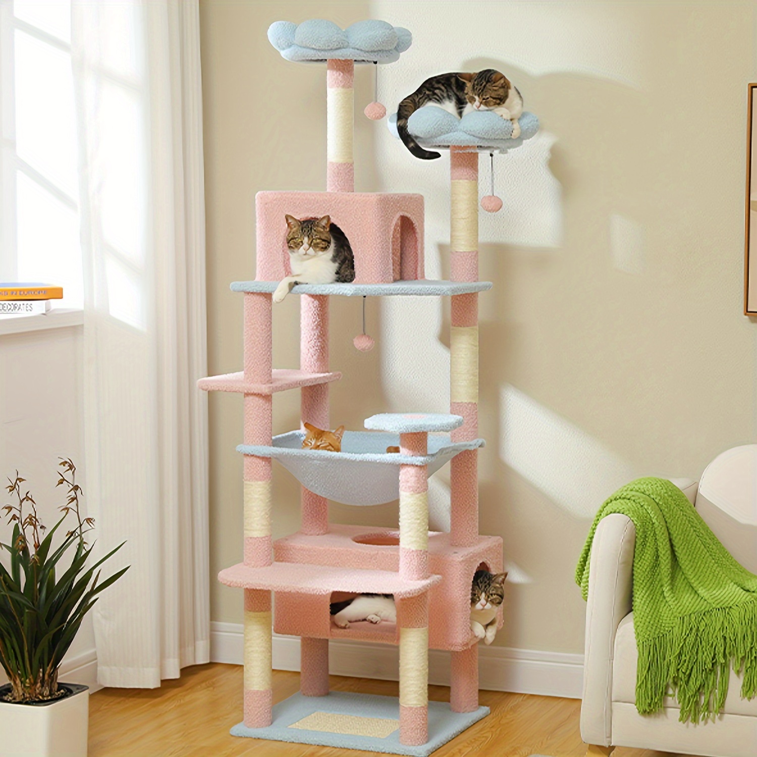 

72 Inches Wooden Cat Tower With Multi-level Cat Tree, Luxury Cat Tower With Condo Hammock, Cat Scrapers With Scratching Post, Cat Accessories, Cat Toy, Kittens House