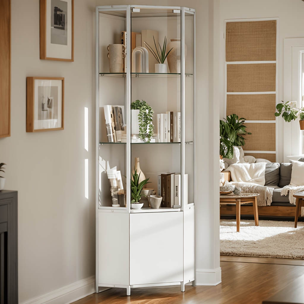 Image of 165cm Corner Display Cabinet, Tempered Glass, 3 Open Shelves And Storage Cabinet, For Collectibles, Spirits, Living Room, Bedroom, Office