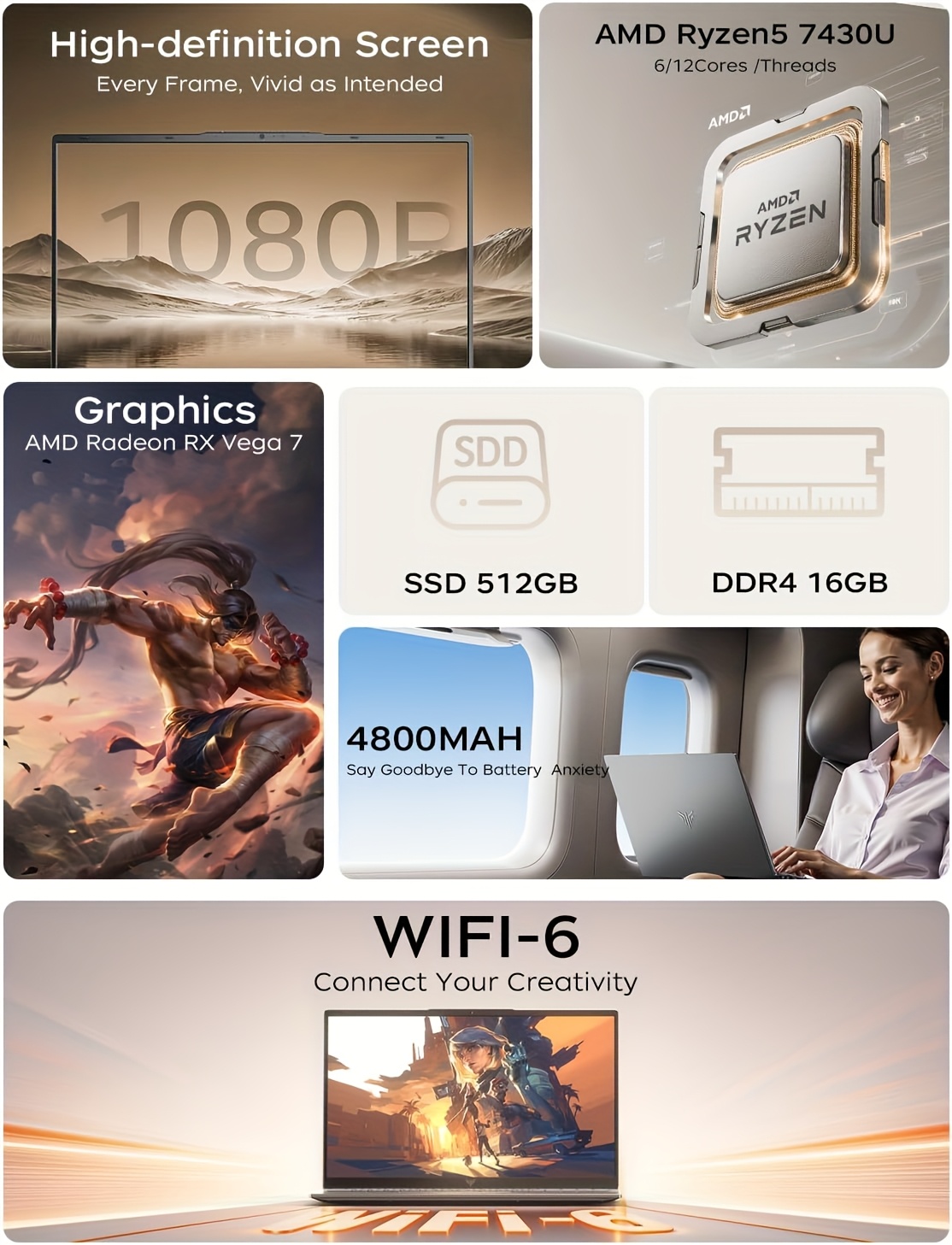 Laptop Computer met AMD Ryzen 5 7430U Processor 6C/12T AMD Radeon Graphics 16GB DDR4 512GB NVMe SSD 15,6