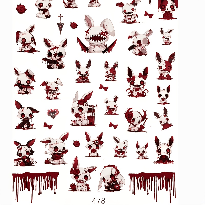 1pc Dark Gothic Chibi Rabbit Relief Nail Sticker, Rose, Bow, Print 5d Self-adhesive Nail Art, Suitable For Acrylic Nails, Women And Nail Supplies, Phone Case, Scrapbooking, Computer Holiday Gift, Y2k