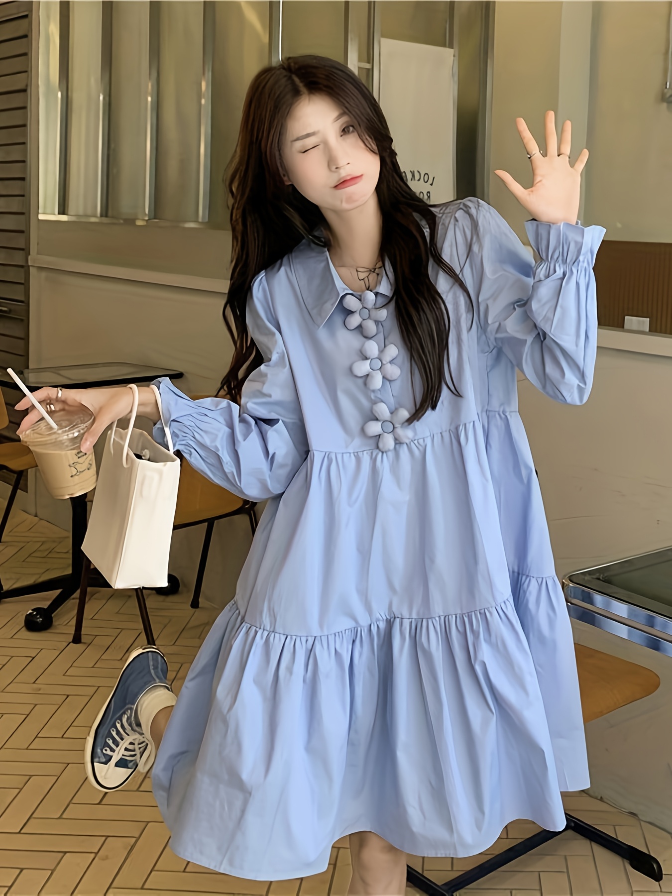 green emerald velvet dress Dewlily Puff Sleeve Dress Korean Fashion for Teens, 20s, 30s Asymmetrical Cute Slimming Effect A-Line Casual Short Sleeve Plain Ribbon main image 1