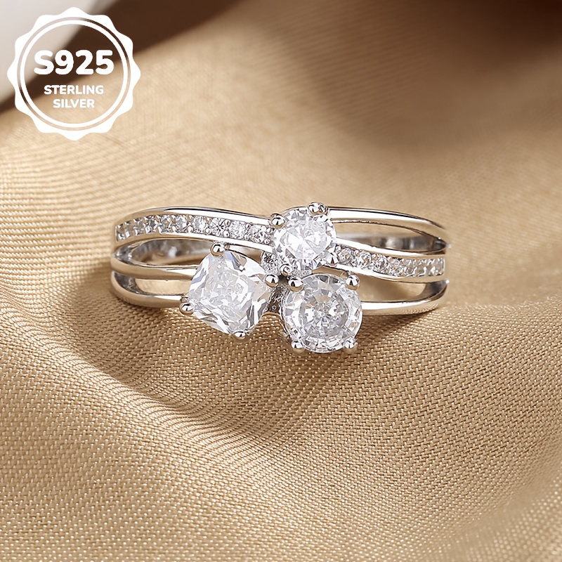Image of 1pc S925 925 Silver Light Geometric Lines Inlaid Square And Round Synthetic Synthetic Zircon​ Unisex Ring Sizes 6-9 High-quality Jewelry Daily Party Wear