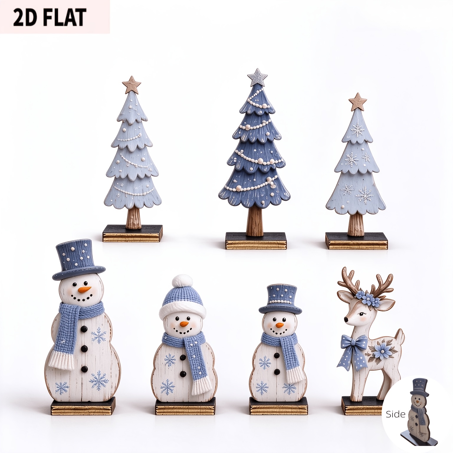 TEMU 2d Flat, 7pcs Christmas Table Decoration Wooden Blue Snowman Tree Deer Decoration, Countryside Christmas Tiered Tray Decoration Block Sign Gift,