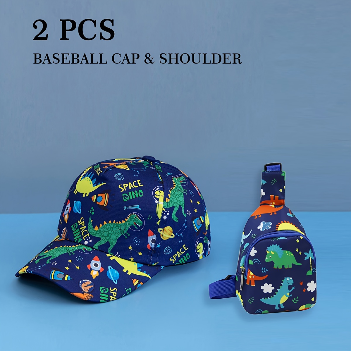 

2pcs Kids Set Includes Dinosaur Baseball Cap And Dinosaur Bag, Adjustable, Breathable, Suitable For Shopping, Suitable For 3-8 Years Old